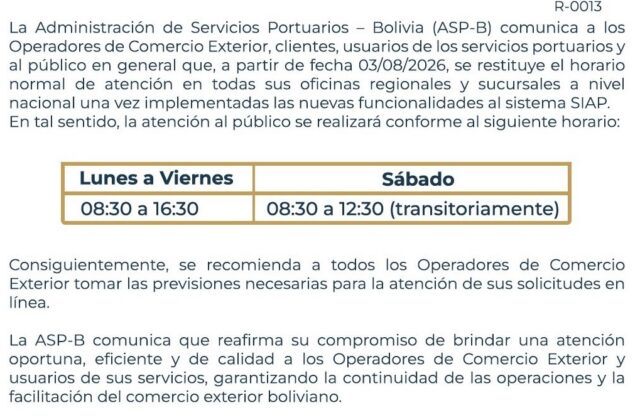 ASP-B retoma horarios habituales de atención a partir del 3 de agosto