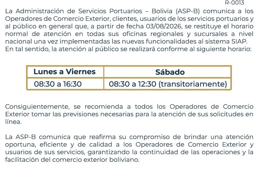 ASP-B retoma horarios habituales de atención a partir del 3 de agosto