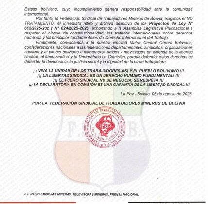Rechazo de mineros a iniciativas legislativas por atentar contra derechos laborales