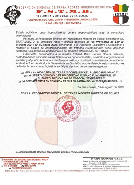 Rechazo de mineros a iniciativas legislativas por atentar contra derechos laborales