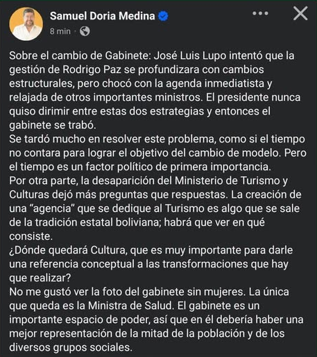 Samuel Doria Medina critica reestructuración ministerial del Gobierno