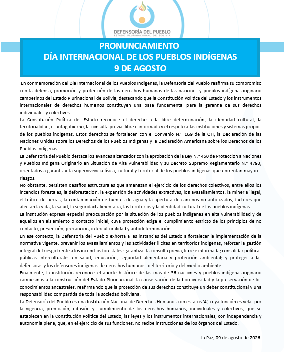 Defensoría del Pueblo reitera compromiso con derechos de pueblos indígenas en su día internacional
