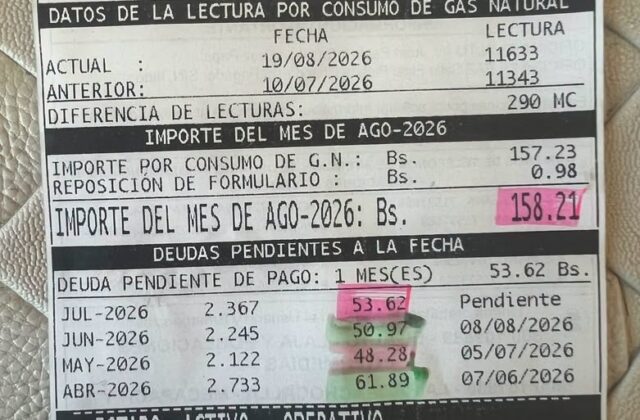 Factura de gas domiciliario alcanza Bs 158 y despierta inquietudes sobre tarifas
