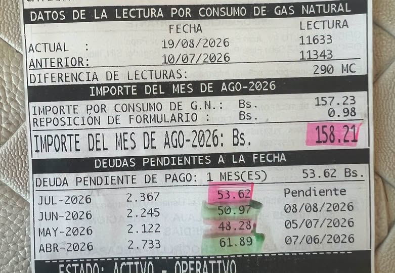 Factura de gas domiciliario alcanza Bs 158 y despierta inquietudes sobre tarifas