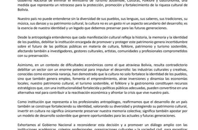 Repudio generalizado a la eliminación del Ministerio de Turismo y Culturas en Bolivia