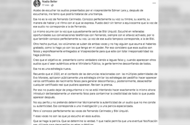 Nadia Beller pone en duda la veracidad de audios de Edman Lara