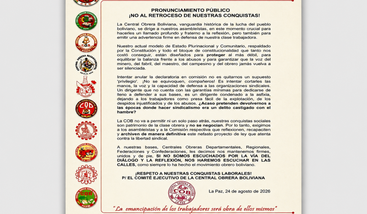 COB ADVIERTE AL LEGISLATIVO Y AMENAZA CON SALIR A LAS CALLES SI SE AFECTAN LAS CONQUISTAS LABORALES