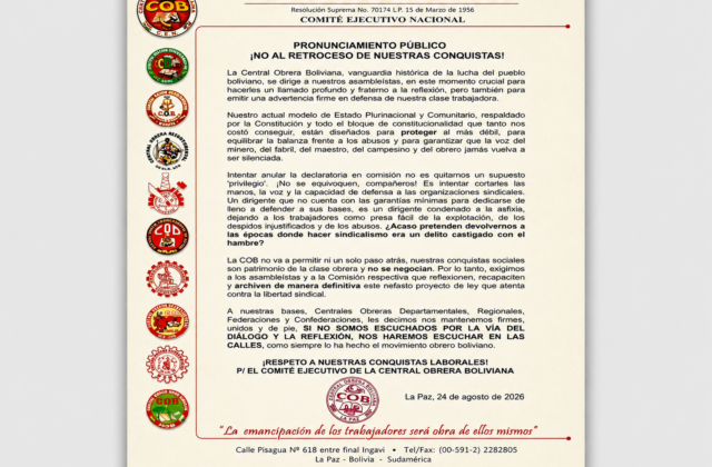 COB ADVIERTE AL LEGISLATIVO Y AMENAZA CON SALIR A LAS CALLES SI SE AFECTAN LAS CONQUISTAS LABORALES