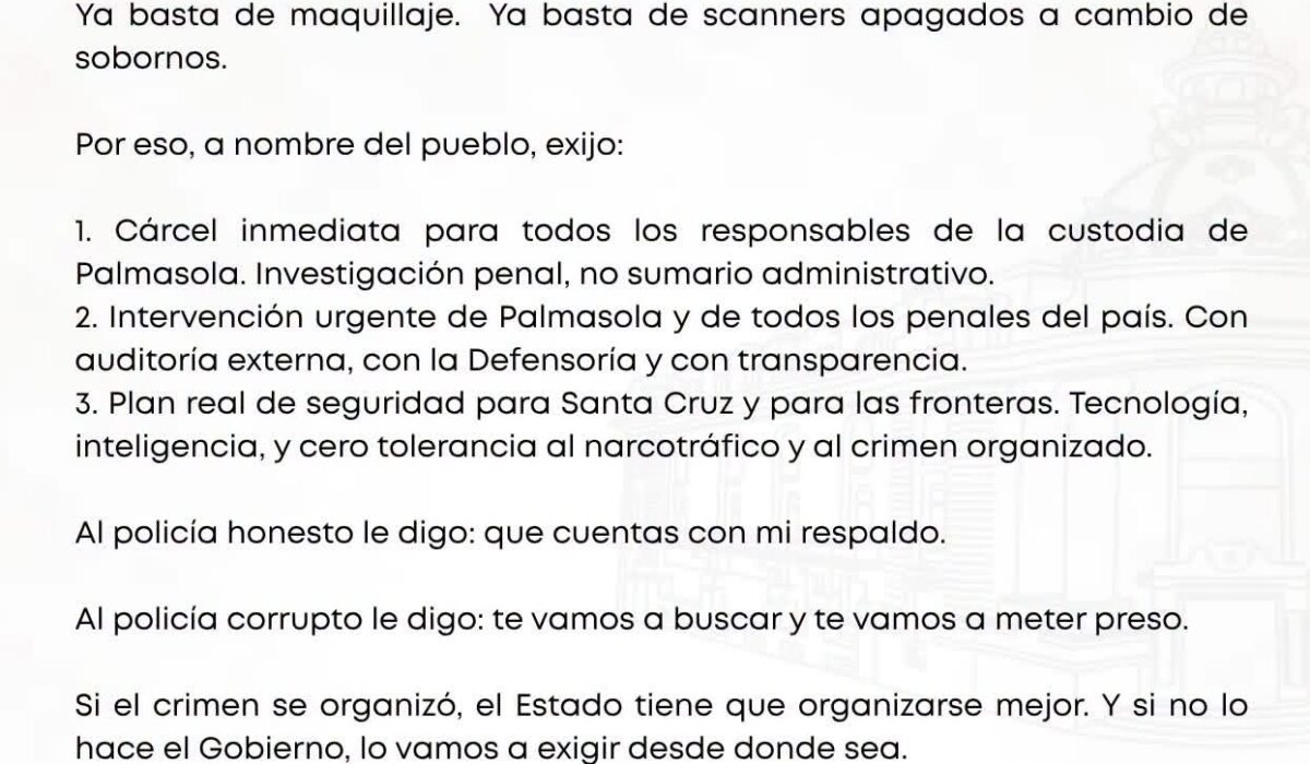 Vicepresidente denuncia posible complicidad en fuga de reos en Santa Cruz