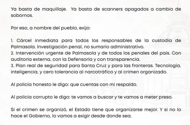 Vicepresidente denuncia posible complicidad en fuga de reos en Santa Cruz