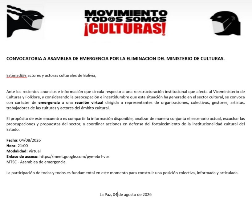 Asamblea virtual de emergencia en el sector cultural tras eliminación del Ministerio de Culturas