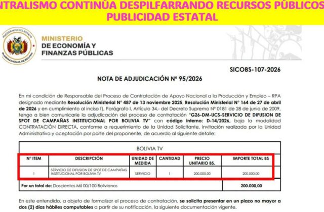 Ministerio de Economía asigna Bs 200 mil a Bolivia TV para campañas institucionales