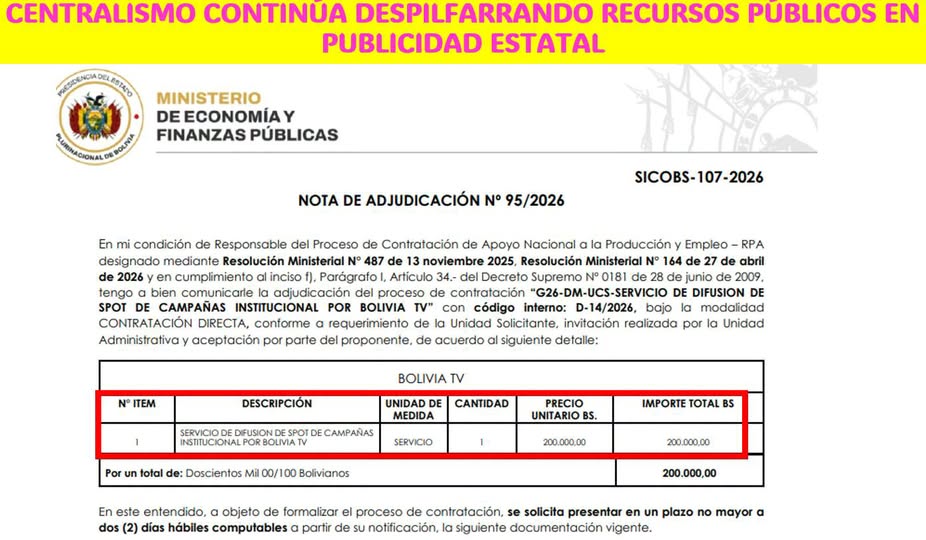 Ministerio de Economía asigna Bs 200 mil a Bolivia TV para campañas institucionales