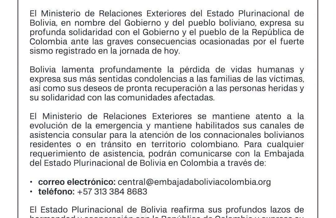 Bolivia se solidariza con Colombia tras devastador sismo y ofrece asistencia consular