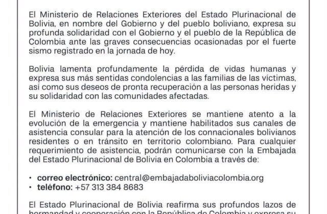 Bolivia se solidariza con Colombia tras devastador sismo y ofrece asistencia consular