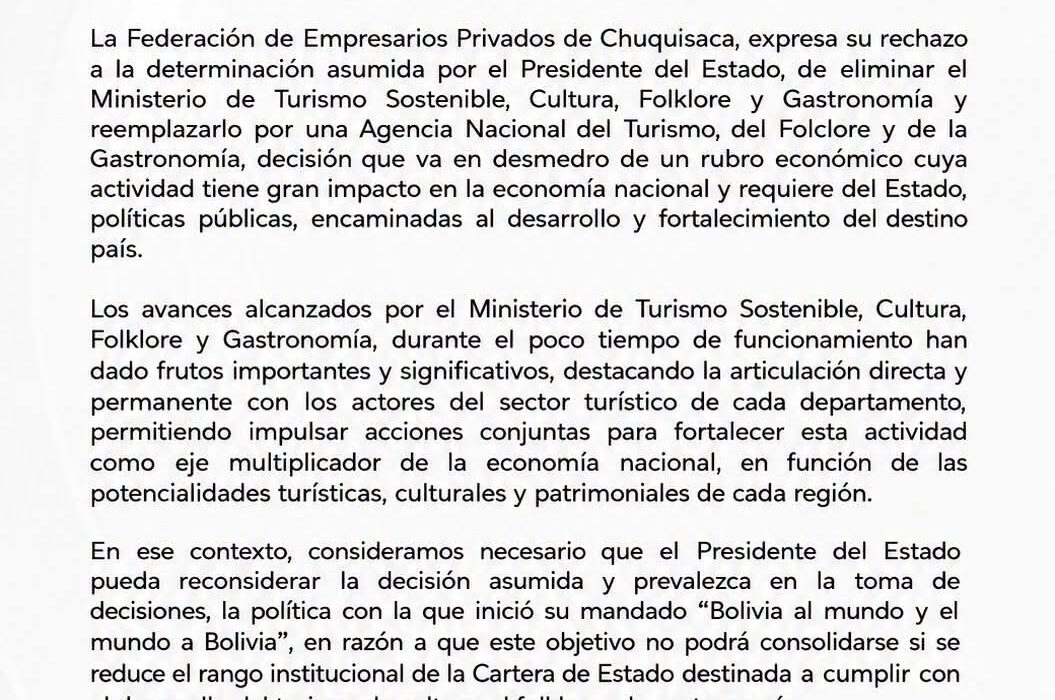 Rechazo empresarial en Chuquisaca ante la eliminación del Ministerio de Turismo