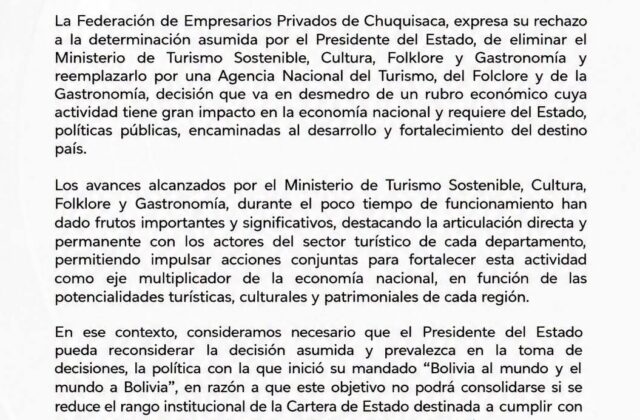 Rechazo empresarial en Chuquisaca ante la eliminación del Ministerio de Turismo