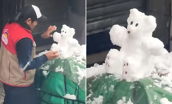 Un encantador osito de nieve cautiva a Oruro en plena nevada