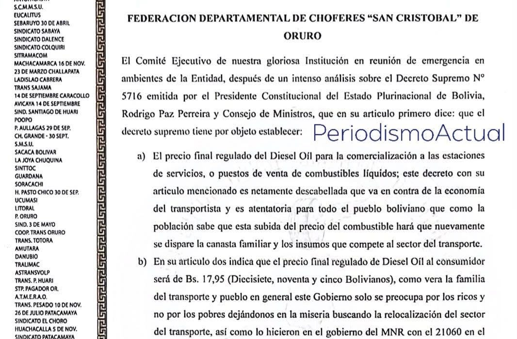Sector laboral y transporte cuestionan el nuevo precio del diésel