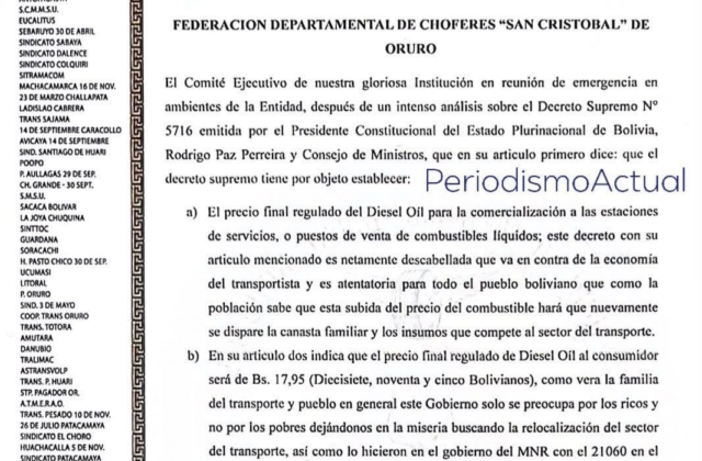 Sector laboral y transporte cuestionan el nuevo precio del diésel