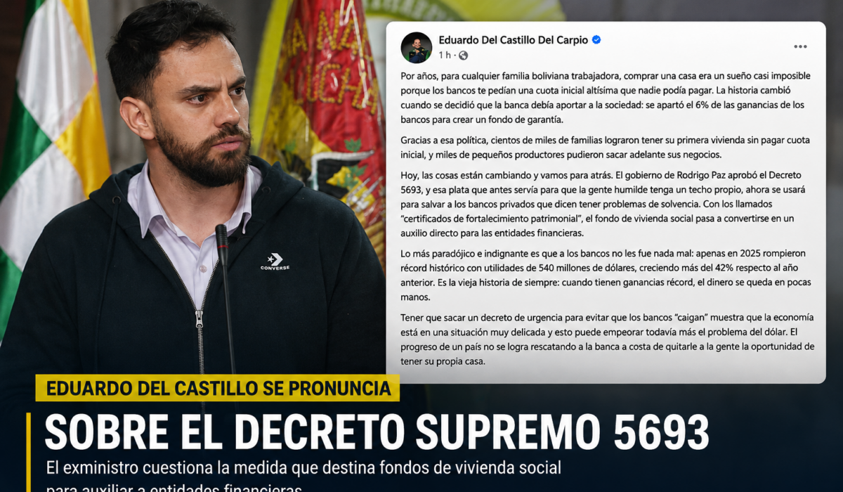 Del Castillo critica el DS 5693: "Se prioriza a la banca sobre el acceso a vivienda"