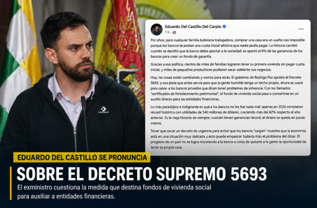 Del Castillo critica el DS 5693: "Se prioriza a la banca sobre el acceso a vivienda"