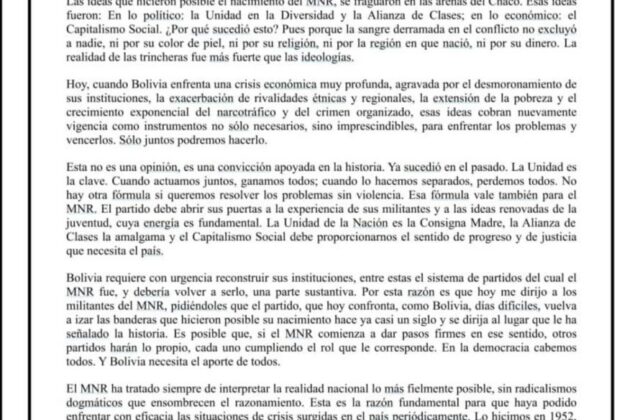 El MNR Llama a la Unidad para Enfrentar la Crisis en Bolivia