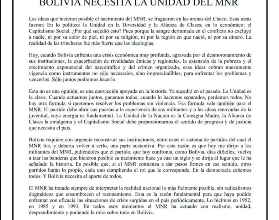 El MNR Llama a la Unidad para Enfrentar la Crisis en Bolivia