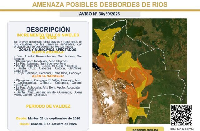 Senamhi emite alertas amarilla y naranja por crecidas en ríos de Bolivia