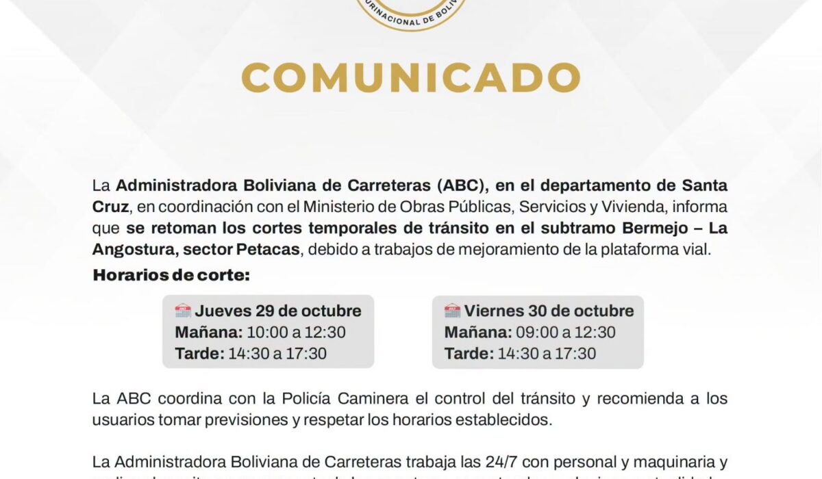 Cortes programados en la carretera Bermejo–La Angostura