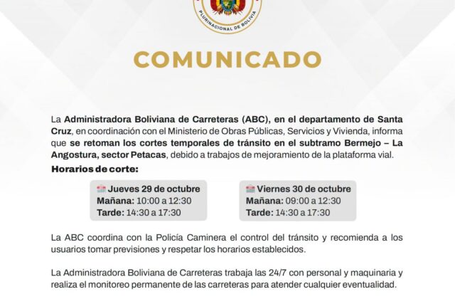 Cortes programados en la carretera Bermejo–La Angostura