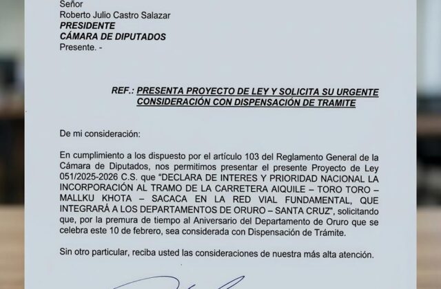 Estancamiento en la Ley para la Conexión Oruro-Santa Cruz